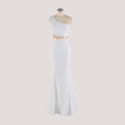 China Anti-Static Custom Logo Hollow Appliqued Fishtail Maxi Satin One Shoulder Wedding Dress White for sale