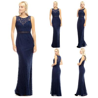 China Latest Design Anti-Static Cavity Lace Collar Round Navy Blue Long Bridesmaid Dresses for sale