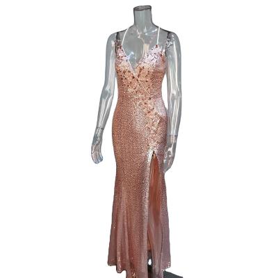 China WOMEN BRIGHT PINK BACKLESS V-NECK EVENING DRESS GALLUS APPLIQUE MERMAID SEQUIN SEXY ELEGANT anti-static for sale