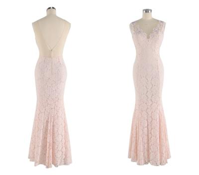 China OEM ODM Fish Tail Pink Sleeveless V Neck Anti-Static Lace Long Evening Dresses Elegant Formal Evening Gowns for sale