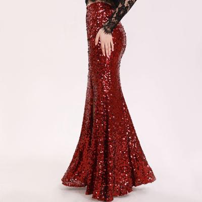 China Burgundy Unique Design Anti-Static Fish Tail Long Maxi Maxi Split Women's Sequin Skirts for sale