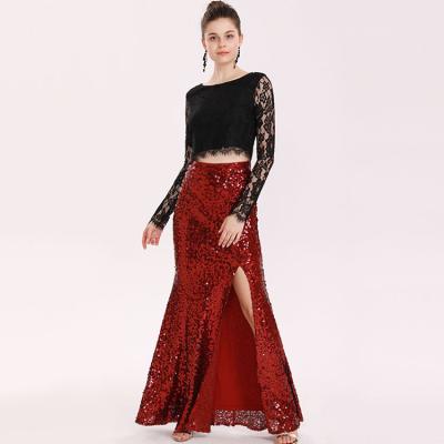 China Formal Elegant Women's 2 Piece Sets OEM ODM Round Collar Long Sleeve Sequin Fish Tail Skirt Lace Top Fashionable Prom for sale