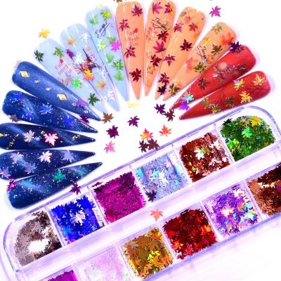 China Eco-friendly Material Holographic Multicolor 12style Glitter Nails Art Design Laser Maple Leaf Nail Decorations Manicure Glitter Flakes Fall Leaves for sale