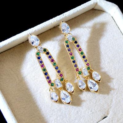 China TRENDY Zircon Peacock Tail Style Drop Earrings For Women Copper Fashion Bridal Earrings 3 Colors Available for sale