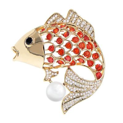 China Brass Zircon Fish Brooches For Women New Year Good Luck Pin Red Color Fashion Winter Jewelry High Quality for sale