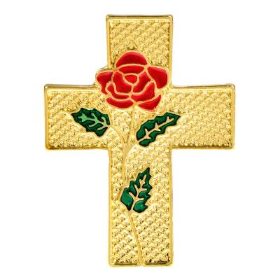 China Cross And Rose Flower Jewelry Trendy Women Brooch Pin Enamel Alloy Coat Design Accessories Installations for sale