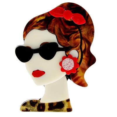 China Trendy Acrylic Girl With Ponytail Brooch Wear Sun Glaases Pin Acetate Fiber Material Fashion Jewelry for sale