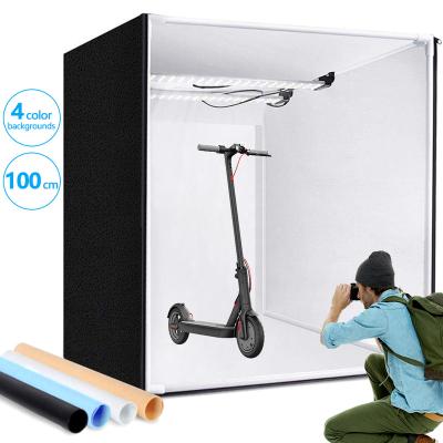 China Acrylic + ABS + PVC 100cm Led Light Photo Shooting White Light Box + Alloy+Cloth Room Studio Lightbox Cube With 5 PVC Background 2 Strip Light Kit For Photography for sale