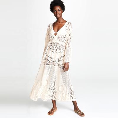 China Latest Design Breathable White Crochet Lace Long Sleeve Maxi Dress Beach Wear Dress for sale