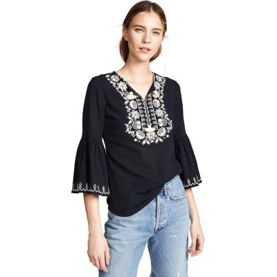 China Breathable Women Plus Size Shirts V Neck 3/4 Sleeves Vintage Tops Embroidered Black Blouse Tops for sale