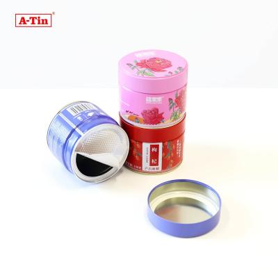 China Food Wholesale Custom Round Metal Packaging Tin Cans Tea Tin Screw Lid Airtight Candy Tin for sale