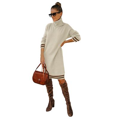 China 2021 Autumn And Winter Patterns Breathable High-necked Casual Long-sleeved Contrast Color Knit Women's Sweater Dress for sale