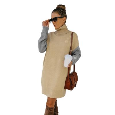 China New Autumn And Winter Breathable Casual High Neck Stitching Loose Knit Women's Sweater Dress for sale