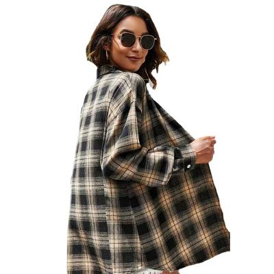 China 2021 Straight and Long Sleeve Commuter Ladies Cardigan Lapel Plaid Plaid Blouses Women's Long Sleeve Shirts for sale