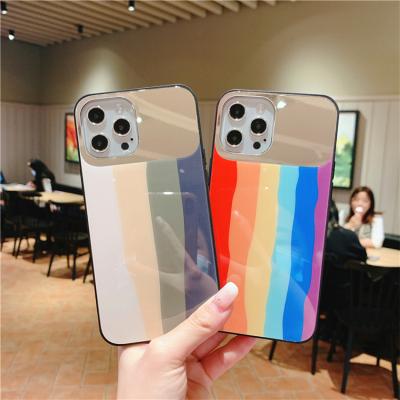 China Luxury Anti-fall Rainbow Make Up Mirror Case For Iphone 13 Pro Max Pro 12 Glass Back Cover for sale