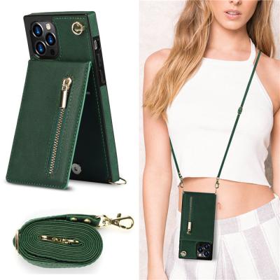 China Anti-fall Leather Zipper Card Holder Phone Case With Strap For Iphone 13 pro Mobile Phone Accessories for sale