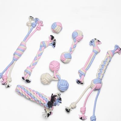 China Amazon Color 7pcs Macaron Stocked Hot Selling Puppies Playing Cotton Toys Ball Knot Rope Dog Chew Toy for sale