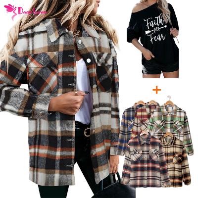 China 2021 new design fashionable casual ladies geometric plaid anti-pilling printed long sleeve T-shirts women tops for sale