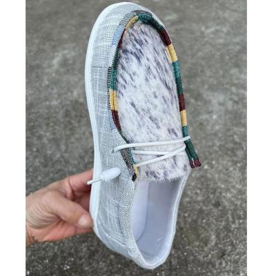 China Factory Direct Cowhide Gray Side Mountain Tops Round Hair-on Wholesale Unisex Round Toe Canvas Slip On Loafers Shoes For Women And Men for sale