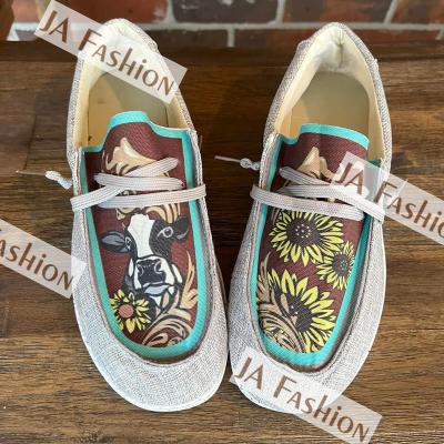 China Lady Western Fashionable Slip On Cow Sunflower Shoes Women Loafers Lightweight Canvas Classic Round Toe Flat Sneakers For Girls for sale