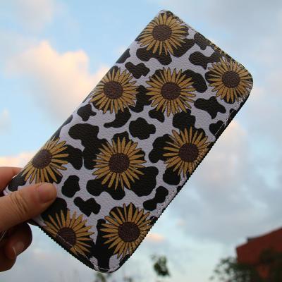 China Lady Anti-theft Purse Factory Direct Cow Sunflower Western Zipper Travel Around Clutch Wallet Vegan Leather Women Wallet Long With Card Slots for sale