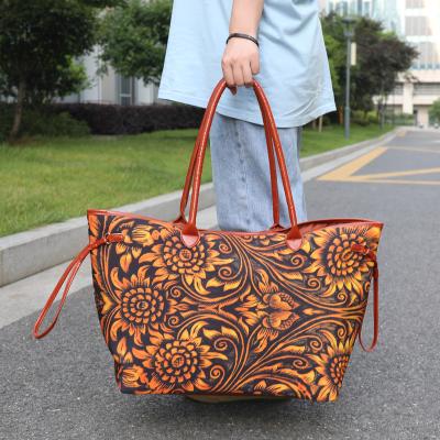 China Factory Direct Wholesale Fashion Tooled Leather Lady Bag Western Totes Purse Shoulder Sunflower Women Canvas Handbag For Girl for sale