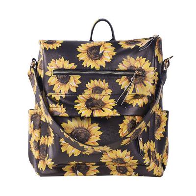 China Wholesale Waterproof Women Large Faux Sunflower Leather Backpack With Sunflower Strap Lady PU Leather Convertible Shoulder Bag For Girl for sale