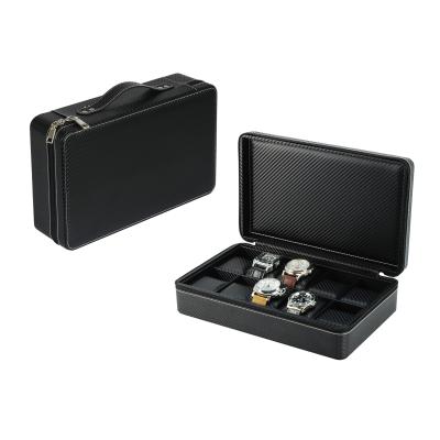 China Handmade Sonson 10 Slots Black Carbon Fiber Leather Watch Storage Box Briefcase For Traveling for sale