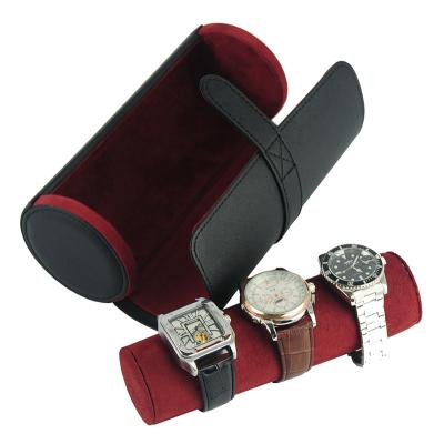 China Saffiano 3 Watch Band Bracelet Jewelry Roll Travel Portable Luxury Black Watch Case for sale