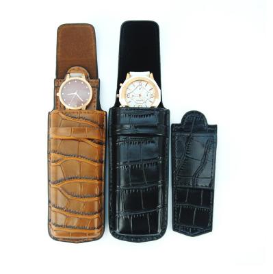 China Simple watch storage; One Pair Storage Black Alligator Grain Leather Glass Travel Single Watch Case for sale