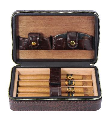 China Handmade Portable Cigar Case Sonny Croco Cigar Case Cedar Wood Lining Travel Cigar Humidor Leather Box for sale