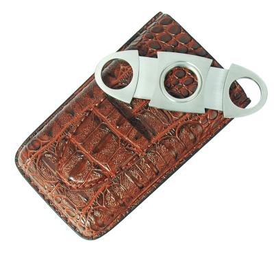 China Pull-out Portable Cigar Carry Case Leather Croco Pattern Brown Travel Cigar Humidor Case with Cutter for sale