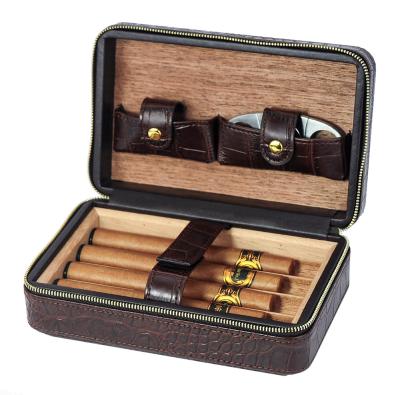 China Handmade Portable Leather Cigar Holder Travel Humidor Case With Cutter Plug 4 Cigars for sale