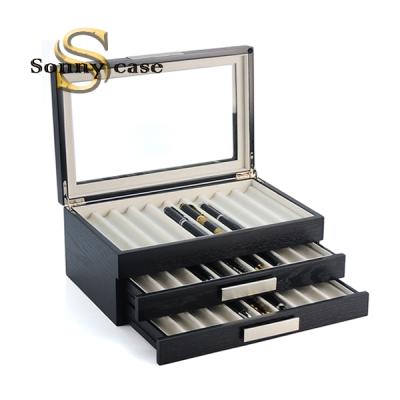 China 30 Slots Handmade Wooden Pen Box Fountain For Pen Collectors With Glass Top Display for sale