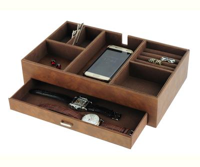 China Durable PU Leather Men's Valet Tray Desk Office Organizer With Large Smartphone Charging Station With Drawer for sale