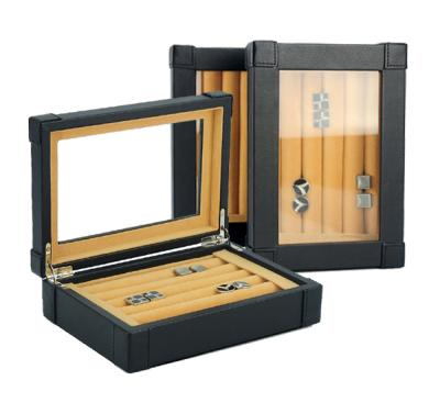 China Sonny Glass Top Luxury Exquisite Black PU Leather Fancy Ring Cufflink Display Box for sale