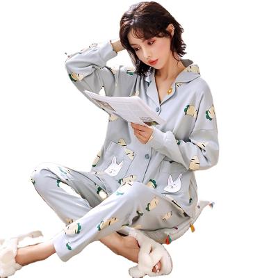 China Wholesale Good Quality QUICK DRY Two Piece Home Suit Button Down Pajamas Women Sleepwear Cartoon Cotton Pajamas For Women Set for sale