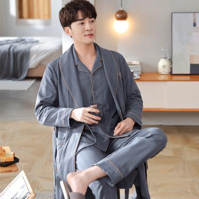 China Factory direct high quality custom made men QUICK DRY knit 100% cotton bathrobe 3pc sleeves pant set long robe sets ribbed long for sale