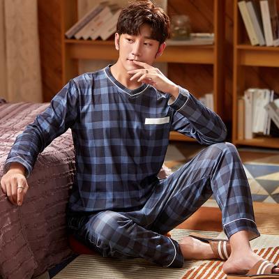 China Factory Direct High Quality Mens Cotton Pajamas V-Neck Plaid Design Loungewear Tops QUICK DRY Long Bottom Cotton Lounge Wear Set for sale