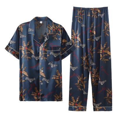 China QUICK DRY Mens Long Button Down Pj Set 3XL Satin Silk Pajamas Set Short Sleeve Loungewear Classic Sleepwear for sale