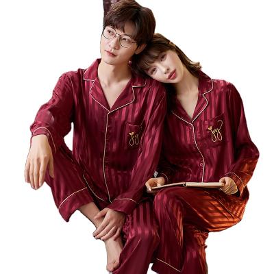 China QUICK DRY Ready to Ship Luxury Home to Wear Silk Stain Long Sleeve Couples Winter Pajamas Two Piece Set for sale