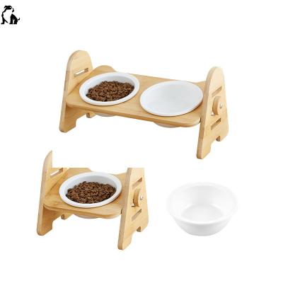 China HANDOU Adjustable Pet Bowl Sustainable Cat Dog Ceramic Water Food Bamboo Wooden Raised Dog Bowl With Stand for sale