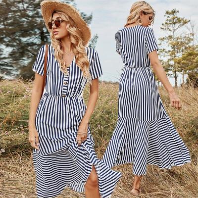 China Anti-Wrinkle Short Sleeves Dangle Panel Maxi Striped Dress V-Neckline Blue Women Dresses Casual Summer for sale