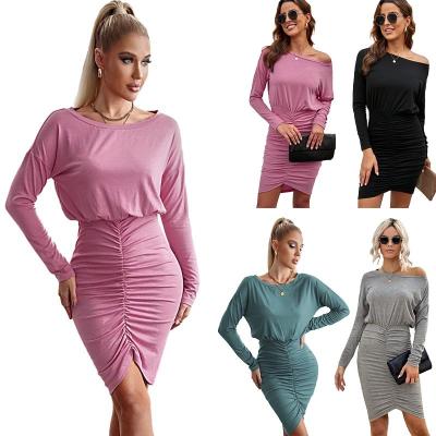 China Anti-Static Off Shoulder Long Sleeve Bodycon Ruched Midi Dress Women Summer Elegant Casual Wear for sale