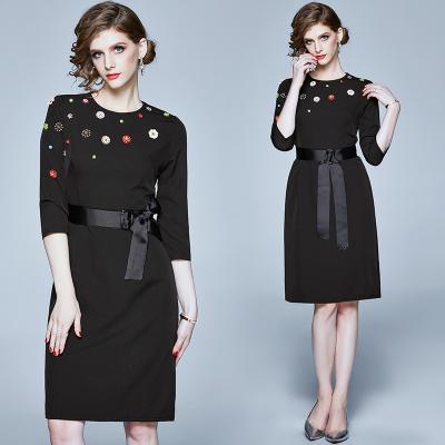 China High Quality Anti-Wrinkle With Sash O-Neck Spring Beaded Black Lady Elegant Casual Midi Dress Dresses for sale