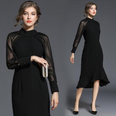 China Lady A Line Women Casual Dresses Long Lantern Sleeve Anti-Wrinkle Turtle Neck Panel Tunic Dress Elegant for sale