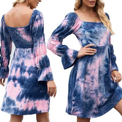 China Women Midi Casual Dresses A Line Square Spring Rocket Neck Long Sleeve Anti-Static Tie Backless Dye for sale