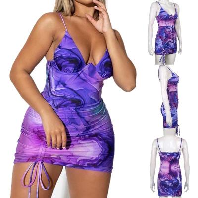 China Anti-Static Summer Tie Sleeveless Dye Pleated Sexy Women Mini Casual Slip Drawstring Club Bodycon Dresses for sale