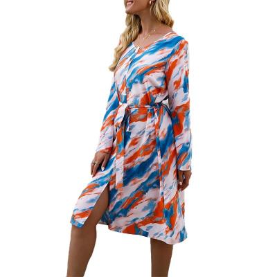 China Anti-Static Spring Long Sleeve Around Neck Button Tie Dye Midi Casual Wear Women Line One With Slit for sale