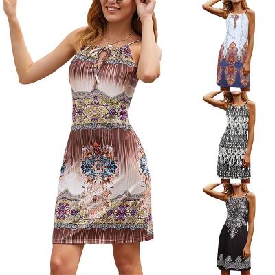 China Anti-Static Summer Going Out Backless Hollow Out Bow Sleeveless A-line Shorts Printed Casual Slip Dresses Women for sale